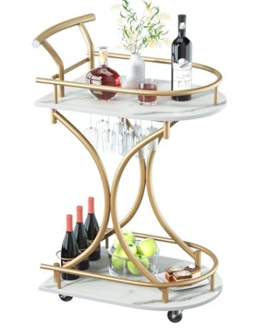 Maiproo Bar Cart with Wheels Handle Rolling Home Bar Serving Carts 2 Tier Curved Anti-Collision Storage Small Trolley with Wine Rack and Glass Holder for Kitchen Dining Room Living Room Gold