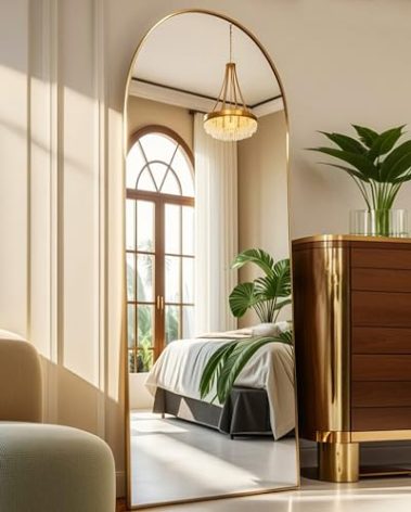 NEARBYSD 58"x18" Arched Full Length Mirror, Floor Mirror with Stand, Freestanding,Wall Mounted Hanging or Leaning Arched-Top Full Body Mirror for Bedroom, Dressing Room -Gold
