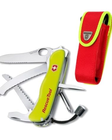 Victorinox Rescue Tool with Nylon Pouch Swiss Army Knife, 13 Functions, Swiss Made Pocket Knife with Seatbelt Cutter and Glass Saw - Fluorescent Yellow