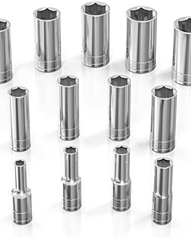 Olsa Tools SAE Deep Socket Set - 3/8-Inch Drive, 13pc - 6-Point Chrome Sockets from 1/4" to 1" and No Skipped Sizes - Mechanic Deep SAE Socket Set - Professional Grade Long Sockets - Part: 1332