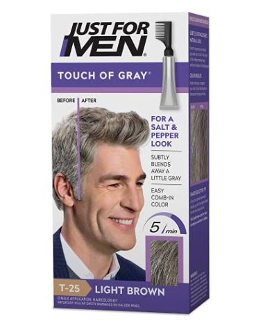 Just For Men Touch of Gray, Mens Hair Color Kit with Comb Applicator for Easy Application, Great for a Salt and Pepper Look - Light Brown, T-25, Pack of 1