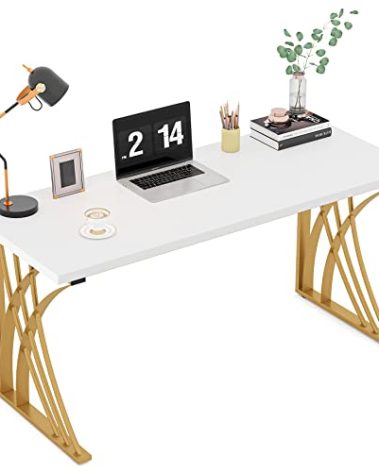 LITTLE TREE 55’’ Large Modern Computer Desk, White & Gold Luxury Laptop PC Student Table, Makeup Vanity Table with Thick Frame & Strong Legs, Sturdy Writing Workstation for Home & Office