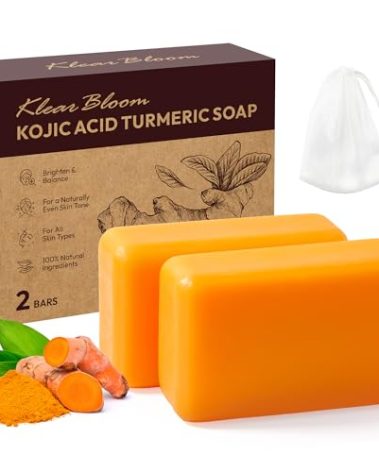 KlearBloom Kojic Acid Soap, Turmeric Soap Bar for Dark Spots Brightening & Moisturizing with Collagen, Vitamin E, Retinol, Hyaluronic Acid, Shea Butter, Paraben & Sulfate-Free 105g x 2 Bars
