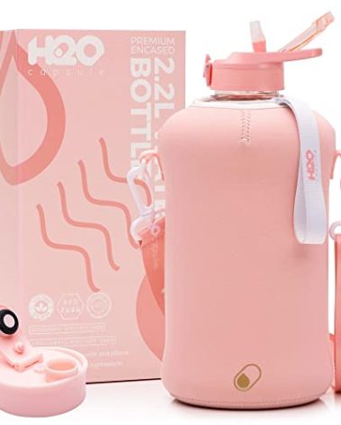 H2O Capsule 2.2L Half Gallon Water Bottle with Storage Sleeve and Covered Straw Lid – BPA Free Large Reusable Drink Container with Handle - Big Sports Jug, 2.2 Liter (74 Ounce) Rose Quartz