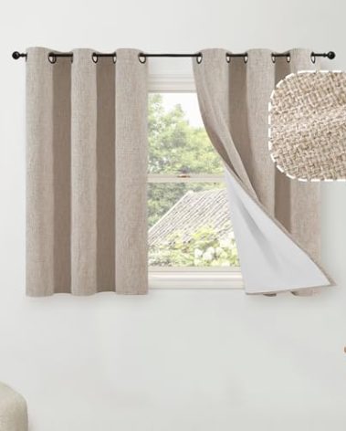 Lajode 45 Inch Length Linen Blackout Curtains for Short Cafe Window, Thermal Insulated Light Blocking Soundproof Privacy Burlap Curtains 2 Panels, Each 38 Inch Wide Beige