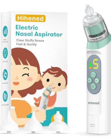 Electric Nasal Aspirator for Baby, Nose Aspirator for Toddlers, Waterproof Baby Nose Sucker, Nose Cleaner with 3 Silicone Tips, Adjustable Suction Level, Music and Light Soothing Function,Green