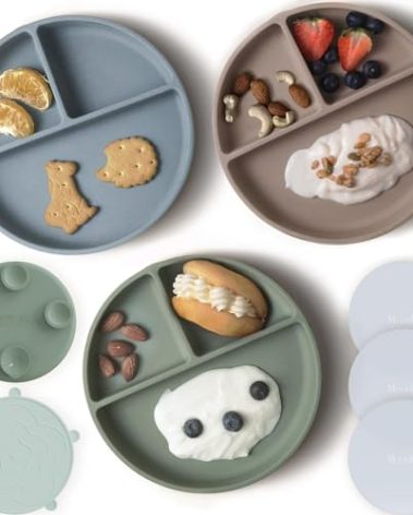 Moonkie Suction Plates for Baby | 100% Silicone BPA-Free Baby Plates with Lids and Food Cover | Divided Design | Microwave and Dishwasher Safe | Toddler Plates 3 Pack
