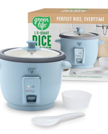 GreenLife Electric Rice Cooker, 3-Cups Uncooked/6-Cups Cooked, Removable PFAS-Free Nonstick Pot, One-Switch Design, Auto Keep Warm, Small Space Saving, Rice Paddle, Soup, Grains, Oatmeal, 1.5 QT, Blue