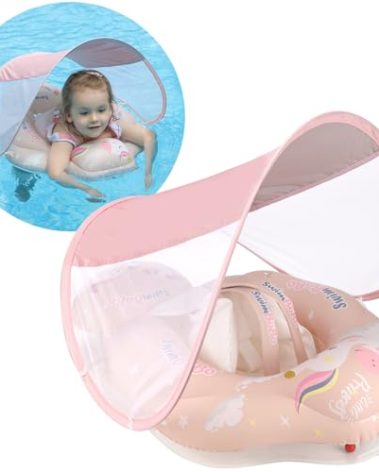 Free Swimming Baby Infant Pool Float with Sun Canopy Inflatable Baby Swimming Floatie with Sponge Safety Bottom Support Water Toys Swimming Trainer (Pink, Large)