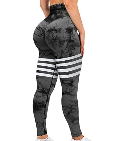 ASAGI Striped Scrunch Butt Lifting Workout Leggings for Women Tie Dye High Waist Yoga Pants Gym Tights(2#-Tie Dye Black Gray,Medium)