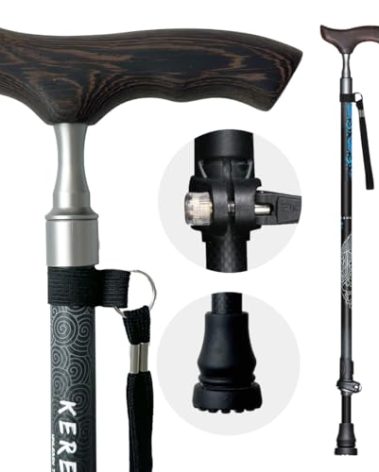 KEREMET Carbon Fiber Walking Cane, Telescopic Ultralight Walking Stick for Senior Men and Women, Height Adjustable Cane with Ergonomic Wooden Handle for The Elderly and Adults (Black with Pattern)
