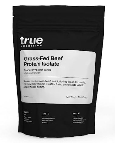 True Nutrition Grass Fed Beef Protein Powder Isolate - 29g of Paleo, Keto, Carnivore Beef Protein per Serving - Zero Carb, Fat Free, Gluten Free, Dairy Free, Soy Free - French Vanilla - 1LB