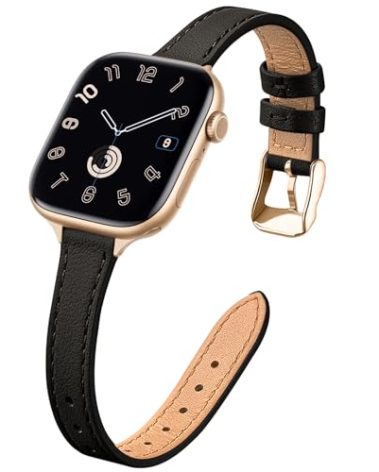 STIROLL Slim Leather Bands Compatible with Apple Watch Band 38mm 40mm 41mm 42mm(Series 11 10), Top Grain Leather Watch Thin Wristband for iWatch SE 9 8 7 6 5 4 3 2 1 (Black Gold)
