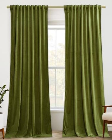 StangH Olive Green Velvet Curtains 120 inches Long Luxury Back Tab High Ceiling Window Drapes Room Darkening Privacy Protect for Living Dining Room, W52 x L120, 2 Panels