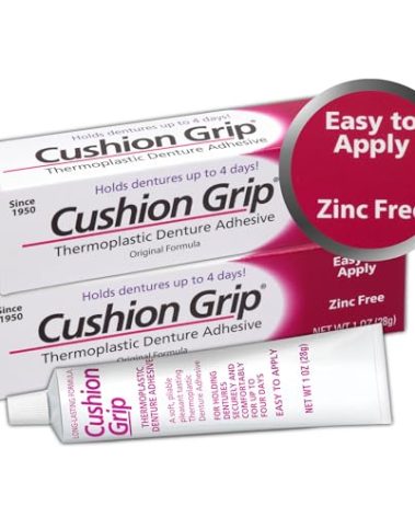 Cushion Grip Thermoplastic Denture Adhesive 1oz (2 Pack)–Extra Strong Hold Up to 4 Days, Unmatched Strength, Waterproof & Zinc Free, Relieves Sore Gums, Comfortable Refit, Long Lasting Denture Refit