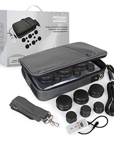 BlissFlow Hot Stones Massage Set with Warmer Kit – 12 Basalt Massage Stones – Digital Electric Stone Warmer & Portable Heater – Hot Stones for Massage in Travel Carrying Bag