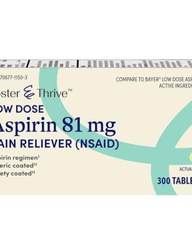 Foster & Thrive Aspirin Low Dose 81 mg, Enteric Coated Tablets, Doctor Recommended, Secondary Prevention of Cardiovascular Disease, 300 Coated Tablets