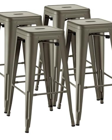 Furmax 30 Inches Metal Bar Stools - High Backless Indoor-Outdoor Stackable Kitchen Set of 4 (Gun)