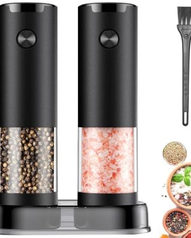 JIDSPWLS Electric Salt and Pepper Grinder Set Automatic Battery Pepper Mill Shakers Adjustable Coarseness Easy Filling Upgraded Larger Capacity with Led (2 Pack Black/Black）