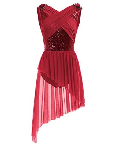 AFAVOM Women's Lyrical Dance Costume Sleeveless V-Neck Sequin Flower Lyrical Dance Dress Asymmetric Flowy Mesh Tulle Skirt Contemporary Dance Costumes Ballet Leotard Dancewear Wine Red S