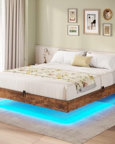 BTHFST Floating Bed Frame Queen Size with LED Lights, Industrial Wooden Metal Queen Platform Bed, Solid and Stable, Noise Free, No Box Spring Needed, Easy Assembly