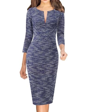 VFSHOW Womens Blue Yarn-Dyed Stripe Spring Fall Elegant Slim Zipper Up Work Business Office Party Bodycon Pencil Sheath Dress 5179 DBLU M