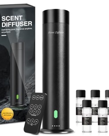 Waterless Scent Diffuser Starter Kit - 800 Sq Ft Coverage, Hotel Scent Diffuser, Essential Oil Diffuser Large Room, Included 5 Scent Oils, Remote Control, Black, 11.20In