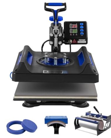 VEVOR 5 in 1 Heat Press Machine, Heat Transfer Machine with 30 oz Tumbler Press, 15 x 15 inch, 360° Swing Away T-Shirt Pressing, Fast Even Heating, for T-Shirts/Mugs/Plates/Hats, Black+Blue