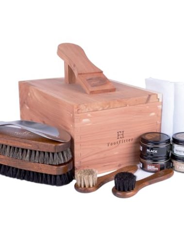 FootFitter Shoe Shine Kit with Cedar Valet Box, Premium Polish Cream, Buffing & Conditioning Tools for Leather, Dress Shoes & Boots