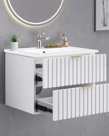 ONBRILL 24 Inch Bathroom Vanity with Sink Combo, Floating Bathroom Vanity with 2 Fluted Drawer & Metal Handles, Modern Wall Mount Bathroom Cabinet with Ceramic Integrated Sink for Small Space (White)