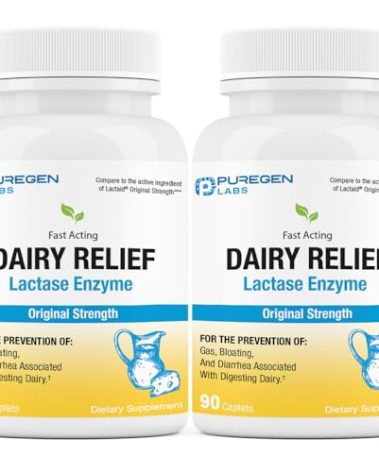 Puregen Labs Dairy Relief Natural Fast Acting Lactase Enzyme 3000 FCC, Lactose Intolerance Pills | 2 Pack - 180 Caplets Total