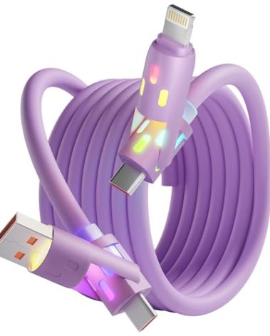 240W USB C Cable,4 in 1 Charging Cable Fast Charging & Data Sync,Multi USB Charging Cable with Breathing Light,Charger Cord for iPhone 17/16/15 14 13 iPad Galaxy MacBook iPad Tablets,Purple 5Ft