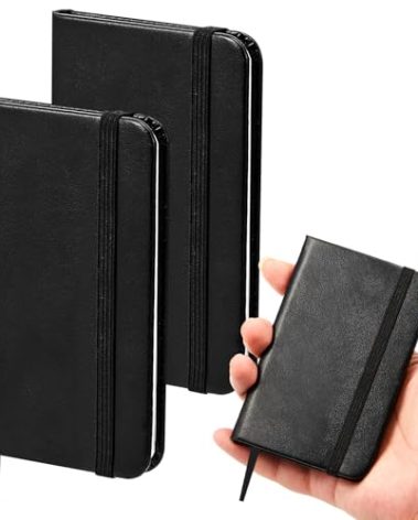 Qeeenar 2 Pcs Hardcover Leather Pocket Notebook 4 x 2.5 Inch Small Notebook 50 Sheets Hardcover Mini Notepad Tiny Lined Journal for Office Home School Writing Supplies (Black)