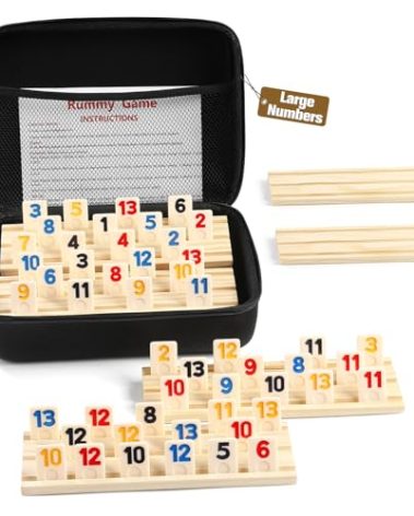 Rummy Cube 6 Player Edition with 6 Wooden Racks/Trays, 160 Large Numbers Rummy Tiles Set with Zippered Case, Rummy Travel Game Set with 6 Tiles Holders - Classic Board Games for Family Adults Kids