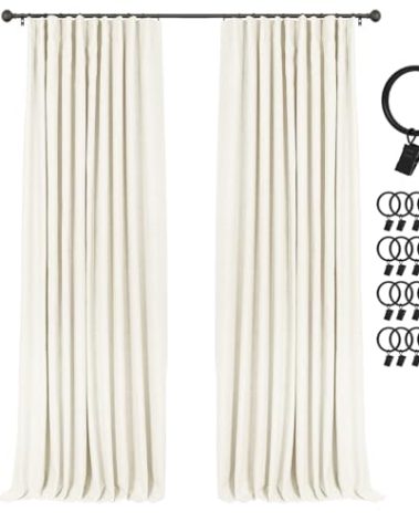 INOVADAY 100% Blackout Curtains for Bedroom, Black Out Curtains 120 Inch Long, Clip Rings Linen Blackout Drapes, Thermal Insulated Room Darkening for Living Room, 2 Panels - Lightcream,W50xL120
