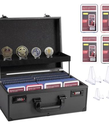 Pechor Toploader Storage Box for 3" X 4" 35pt Rigid Cards, Top Loader Holder Trading Card Case for Sports Cards Storage with Combination Lock (with 4 Graded Slabs and 4 Card Stand)