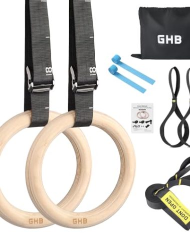 GHB Gymnastic Rings Wooden Gym Rings 1.25" Olympic Rings Adjustable Straps Pull Up Rings Sets for Workout Bodyweight Fitness Training