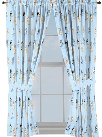 Jay Franco Black Out Window Curtains for Kids Bedroom 4-Piece Drape Set with 2 Tiebacks, Blue - Bluey, 42" W x 63" L (Pack of 2)