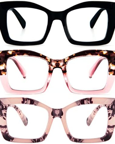 REAVEE 3 Pack Oversized Square Reading Glasses Oprah Style for Women, Blue Light Blocking Large Frame Computer Designer Fashion Readers with Spring Hinge (Black/Pink Tortoise/Tortoise Pink,1.5)
