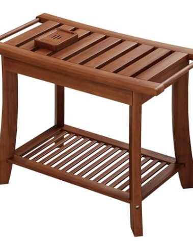 Teak Shower Bench, 24 Inch Teak Shower Stool 300lbs Wood Shower Chair Seat with Storage Shelf Towel Rack for Bathroom Indoor and Outdoor Use