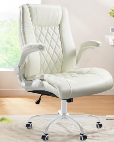 Marsail Executive Office Chair with Flip-up Armrests,PU Leather Ergonomic Desk Chair Height-Adjustable Swivel Rolling Computer Desk Chair (White)