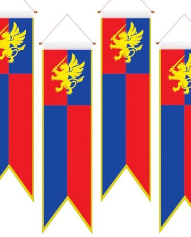 Oudain 4 Pcs 4 ft Halloween Medieval Fantasy Pull-down Banner with Lion Design Hanging Party Bunting Banner Medieval Party Decorations Garden Cutouts Flag for Castle Theme Festival Birthday Decor