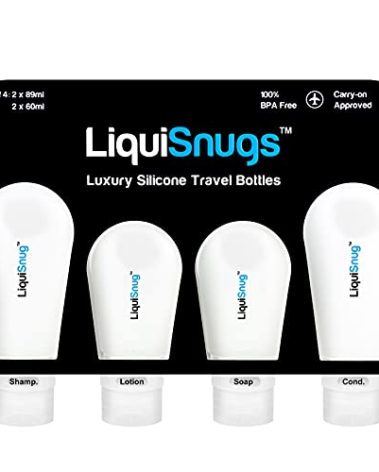 LiquiSnugs Premium - 100% Guaranteed Leak Proof Silicone Travel Bottles For Toiletries - TSA Approved Container. Premium Range Travel Shampoo Bottles with Suction Cups and Adjustable Labels
