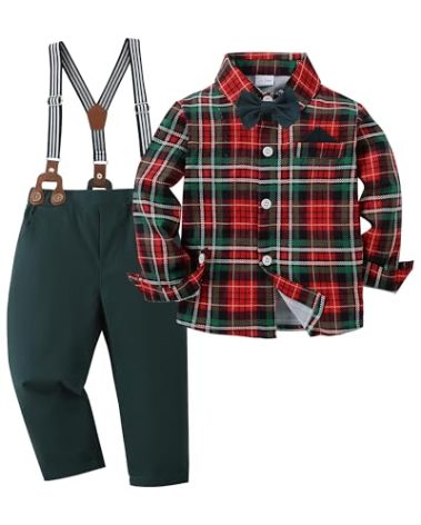 Boys Dress Suit Set - Wedding Outfit with Red/Green Dress Shirt, Bowtie/Suspender Pants - 7-8 Years