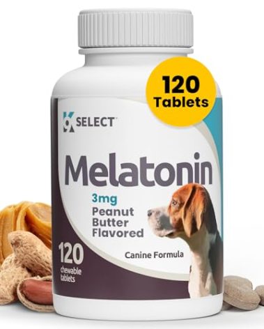 K9 Select Melatonin for Dogs - Calming Aid - Adrenal Support Sleep Aid - Reduce Stress, Pet Melatonin Treats for Medium Sized - 3 mg, 120 Peanut Butter Flavored Tablets