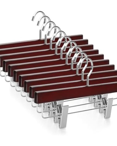 TOPIA HANGER Pants Hangers, Deluxe Cherry Wood Skirt Hangers with 2 Big Premium Metal Clips and 360° Swivel Anti-Rust Flat Hook, 20 Pack Boutique Hanger for Skirts, Trousers, Jeans, Slacks, CT03M