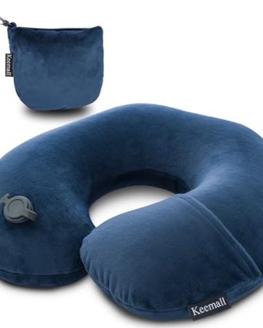 Keemall Travel Neck Pillow for Airplane, Compact Inflatable Neck Pillow for Traveling Long Flights, Adjust Firmness Neck Suport Pillow for Sleeping Plane Head Rest for Travel Accessories,Deep Blue