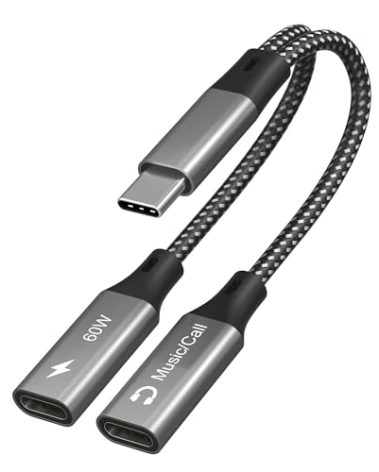 Dual USB-C Headphone and Charger Adapter - 1 in 2 out USB C Splitter with 60W Fast Charging and Audio Adapter for iPhone 16 15 iPad Huawei Galaxy PC, Type-C to Headphone Splitter for Call & Music