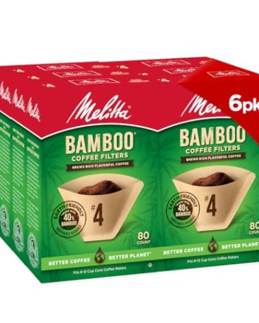 Melitta #4 Cone Coffee Filters, Bamboo, 80 Count (Pack Of 6), 480 Total Filters - Fits all 8-12 Cup Cone Coffee Makers and Pour-Overs, Compostable, Tear-Resistant, Made in USA