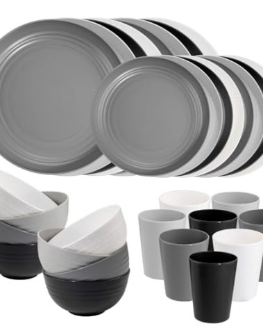 Supernal 32pcs Wheat Straw Dinnerware Sets,Plates and Bowls Sets,Reusable Plastic Plate,Microwave Dishwasher Safe,Plastic Dinnerware Set,Four Color Set 16pcs Plates,8pcs Bowls,8pcs Cups